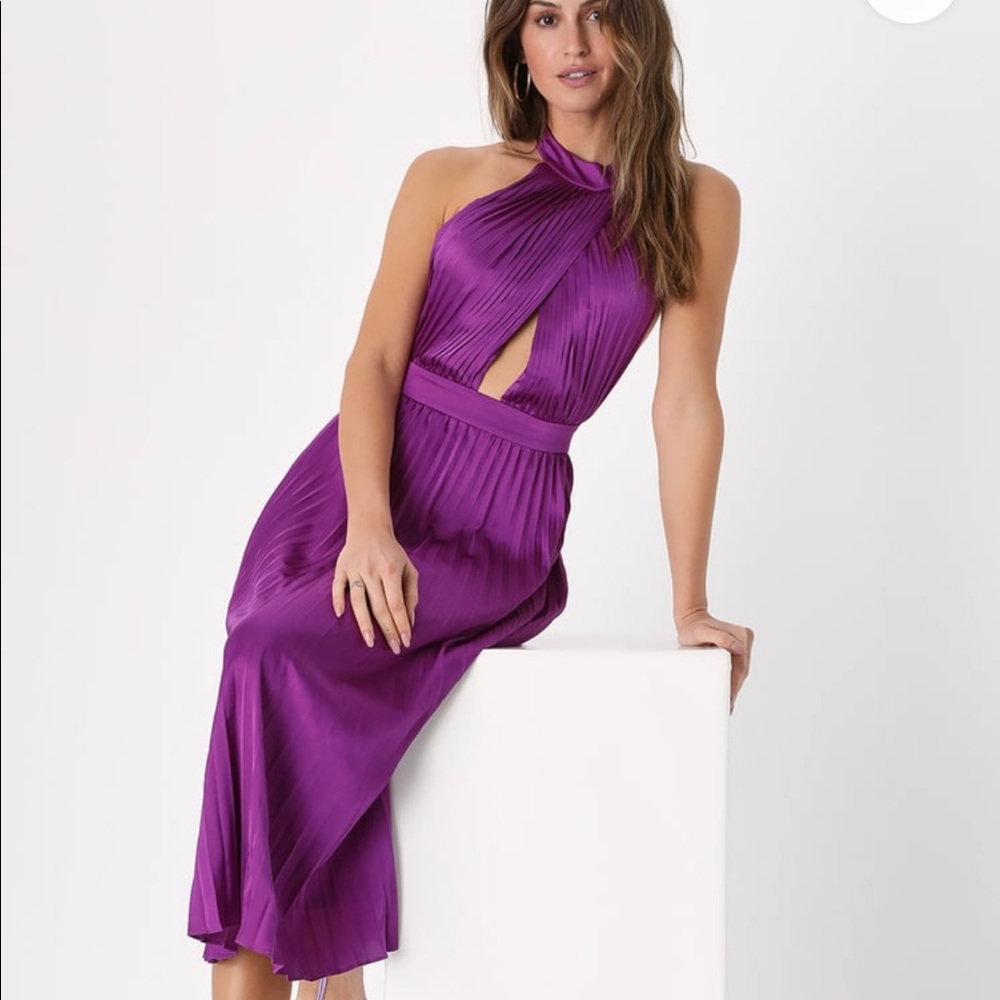 Purple satin pleated halter dress
